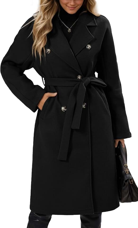 Maeau Langer Mantel aus Tweed, für Damen, zweireihig, Herbst, Winter, lange Jacke, warm, elegant, lässig, langer Trenchcoat mit Gürtel, Größe S bis XL