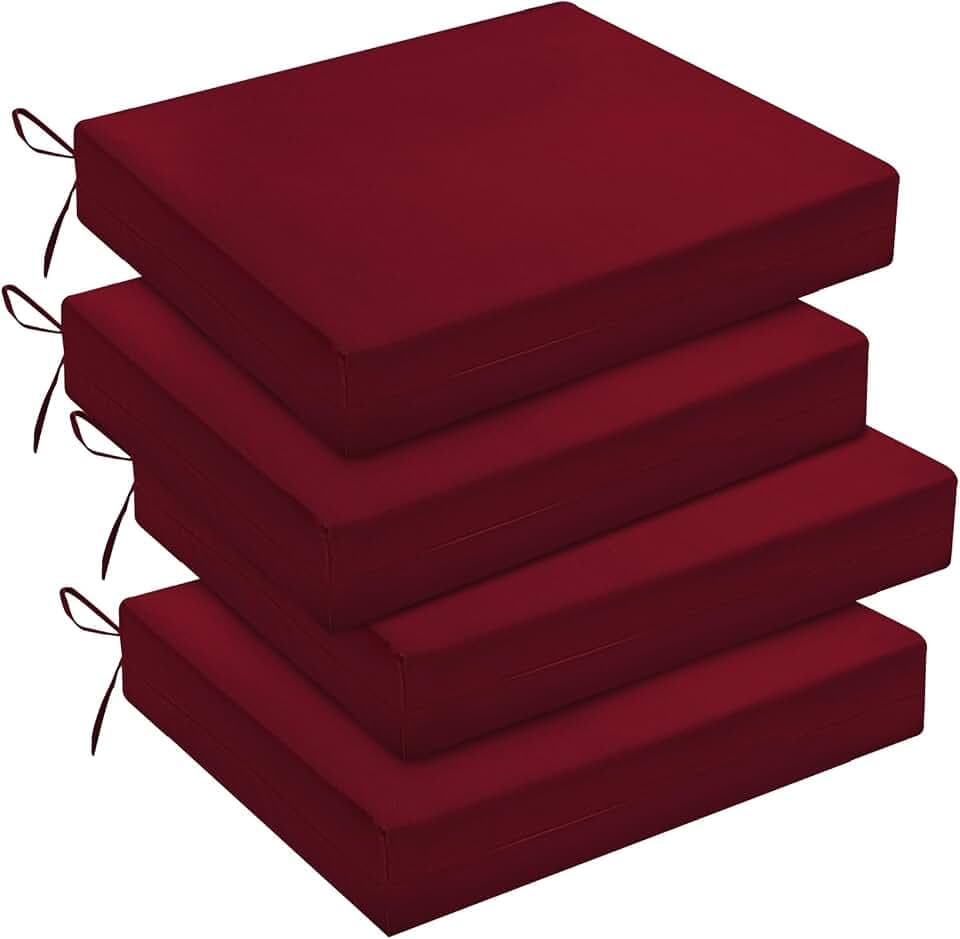 downluxe Outdoor Chair Cushions Set of 4 for Patio Furniture, Water-Resistant Square Corner Patio Chair Cushions with Ties, High Density Foam Outdoor Seat Cushion, 18.5" X 16" X 3", Burgundy