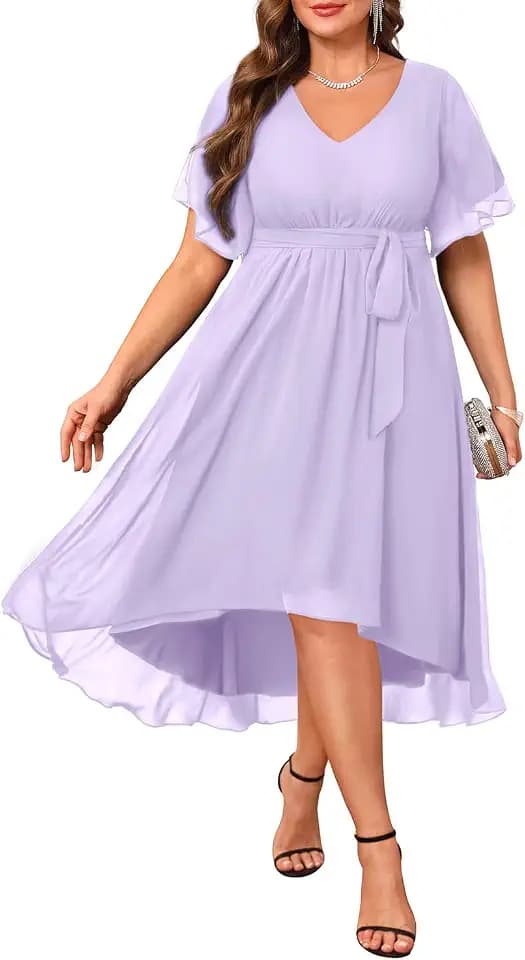 Plus Size Dresses Wedding Guest Formal Chiffon Short Sleeve High Low Dress