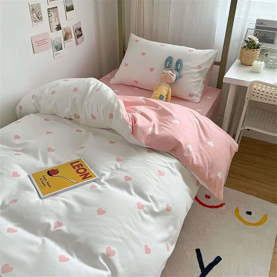 Nyescasa Herz Bettwäsche 135x200 Rosa Weiß Herzen Bettbezug Mädchen Kinder Weich Mikrofaser Herzmuster Wendebettwäsche Set mit Reißverschluss und Kissenbezug 80x80cm