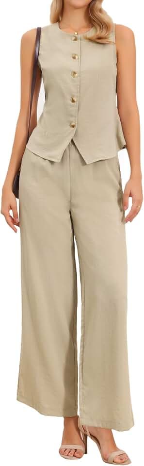 Allegra K Zweiteiliges Outfit für Damen, Leinenweste, Weste, elegant, lässig, weites Bein, Hosenanzüge