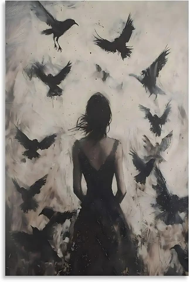 Gothic Dark Woman Silhouette Ravens Moody Forest Canvas Printing Wall Art Prints Posters Wall Decor Witchy Raven Artwork Dramatic Picture For Living Room Bedroom Modern Home Decor 12x18inch(30x45cm)