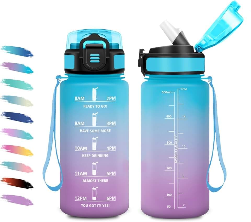 KollyKolla Trinkflasche 500ml, Sportflasche mit Strohhalm, Auslaufsicher Trinkflasche Kohlensäure Geeignet, Motivierende Wasserflasche mit Zeitmarkierung, Perfekt für Schule, Sport, Outdoor, Wandern