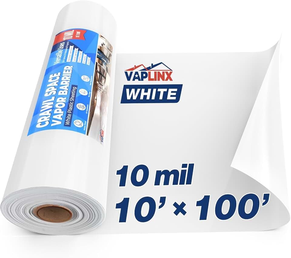 White Crawl Space Vapor Barrier, 10 Mil Vapor Barrier, 10' x 100', Heavy Duty Polyethylene Film, Thick Plastic Sheeting, Plastic Drop Cloth Covering for Crawlspace, Basement, White