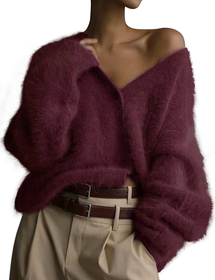 COZYPOIN Womens Fuzzy Cardigan Sweater V Neck Button Down Soft Knit Coat