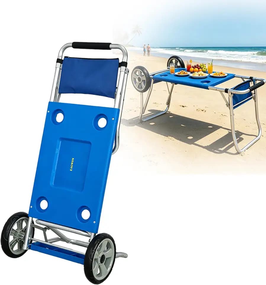 Beach Cart Camping Table, Outdoor Park Wagon Cart with Table Top, Collapsible Utility Folding Beach Wagon with Four Cup Holders for Camping Shopping Outdoor Shopping, Supports 100lbs
