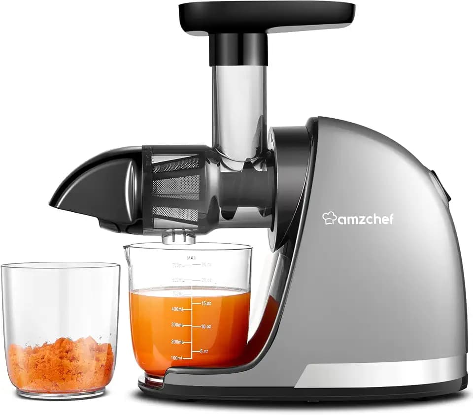 AMZCHEF Entsafter Gemüse und Obst Testsieger - Entsafter Slow Juicer mit Rückwärts-Kau-Funktion - Zartes Zerkleinern ohne Filtern - Saftpresse Elektrisch mit Bürste und 2 Tassen - Silber