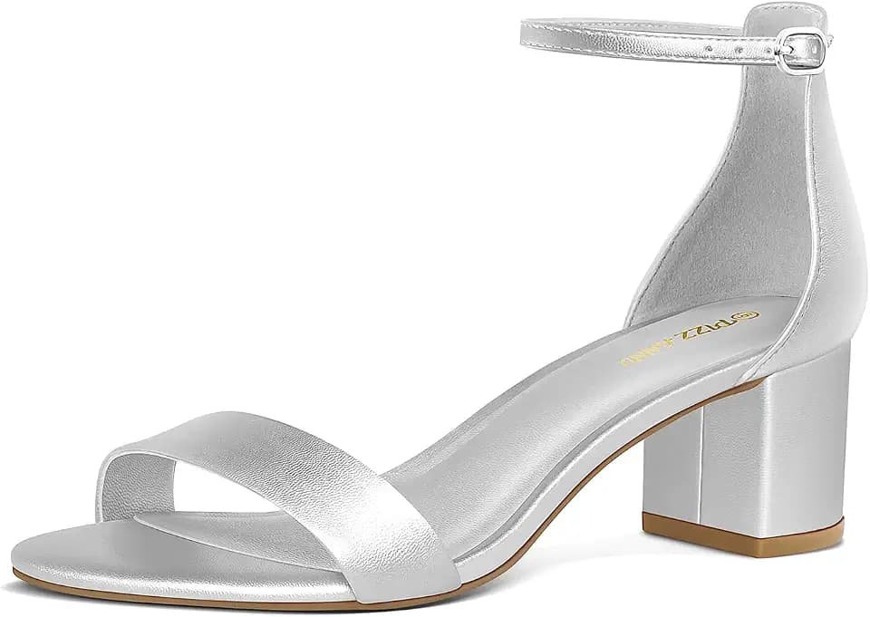 PIZZ ANNU Women's Low Block Chunky Heels Sandals Comfortable Open Toe Ankle Strap Party Dress Pump Shoes Strappy Buckle Heeled Sandal with 2 Inches Tall Thick Heel Design