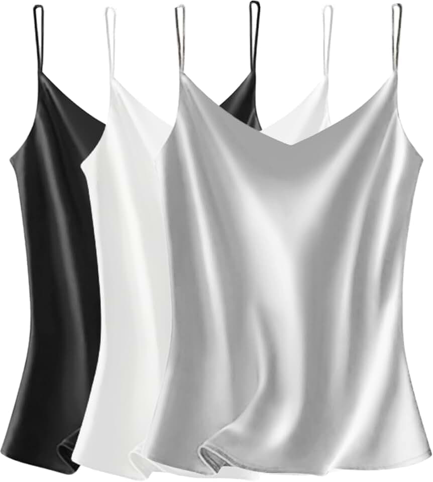 VIDUSSA Damen Satin Cami Tank Top Basic Shirt V-Ausschnitt Ämellose Blusen Seidentop Oberteile Pack