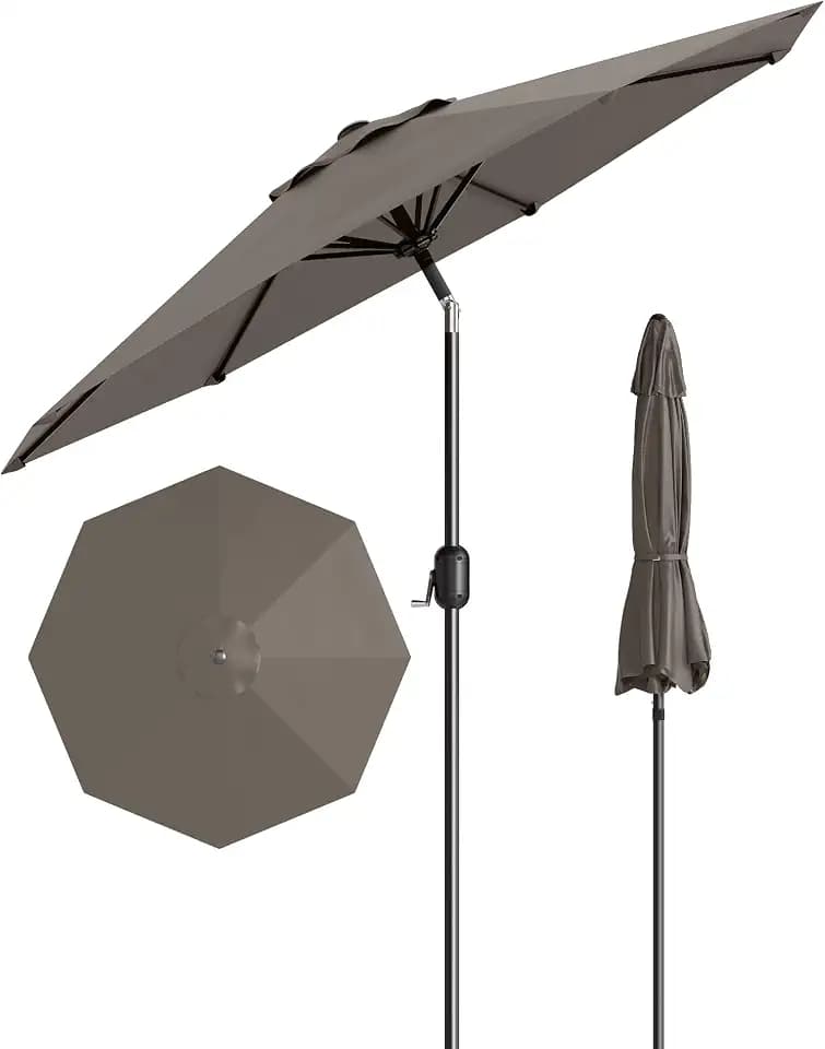 GarveeLife 9 ft Patio Umbrella, Outdoor Table Market Umbrella with Push Button Tilt and Crank, 8 Sturdy Ribs UV Protection Waterproof for Garden, Deck, Backyard, Pool (Taupe)