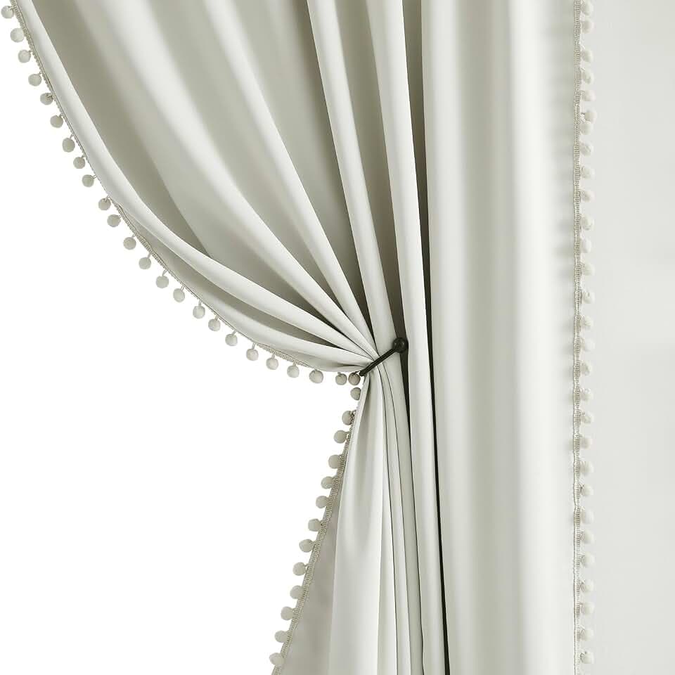 Treatmentex Full Blackout Curtains for Bedroom Natural Ivory Pom-Pom Thermal Insulated Window Drapes 63inch Length Curtain Panels for Kids Guest Room Hotel 52" Wx 2pcs Beige Rod Pocket
