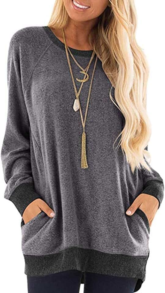iChunhua Casual Women’s Long Sleeve Crewneck T Shirt Sweatshirt Tops with Pockets S-XXL