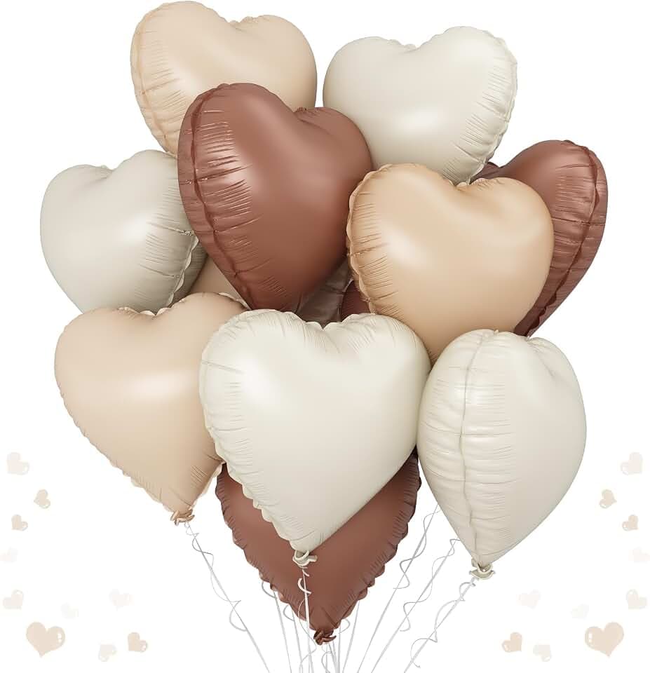 Cream Brown Heart Balloons 12Pcs Coffee Beige Apricot Foil Balloons 18 Inch
