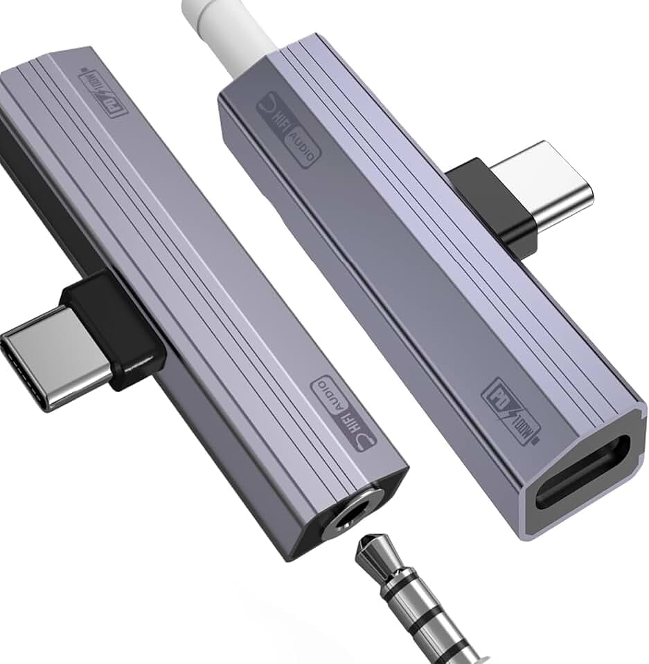 2 Pack USB C to 3.5mm Audio Adapter 2-in-1 HiFi DAC 100W PD Fast Charging Headphone Jack Widely Compatible for iPhone 15/15 Pro, iPad Pro, Samsung Galaxy, Gaming, Car Aux Gray