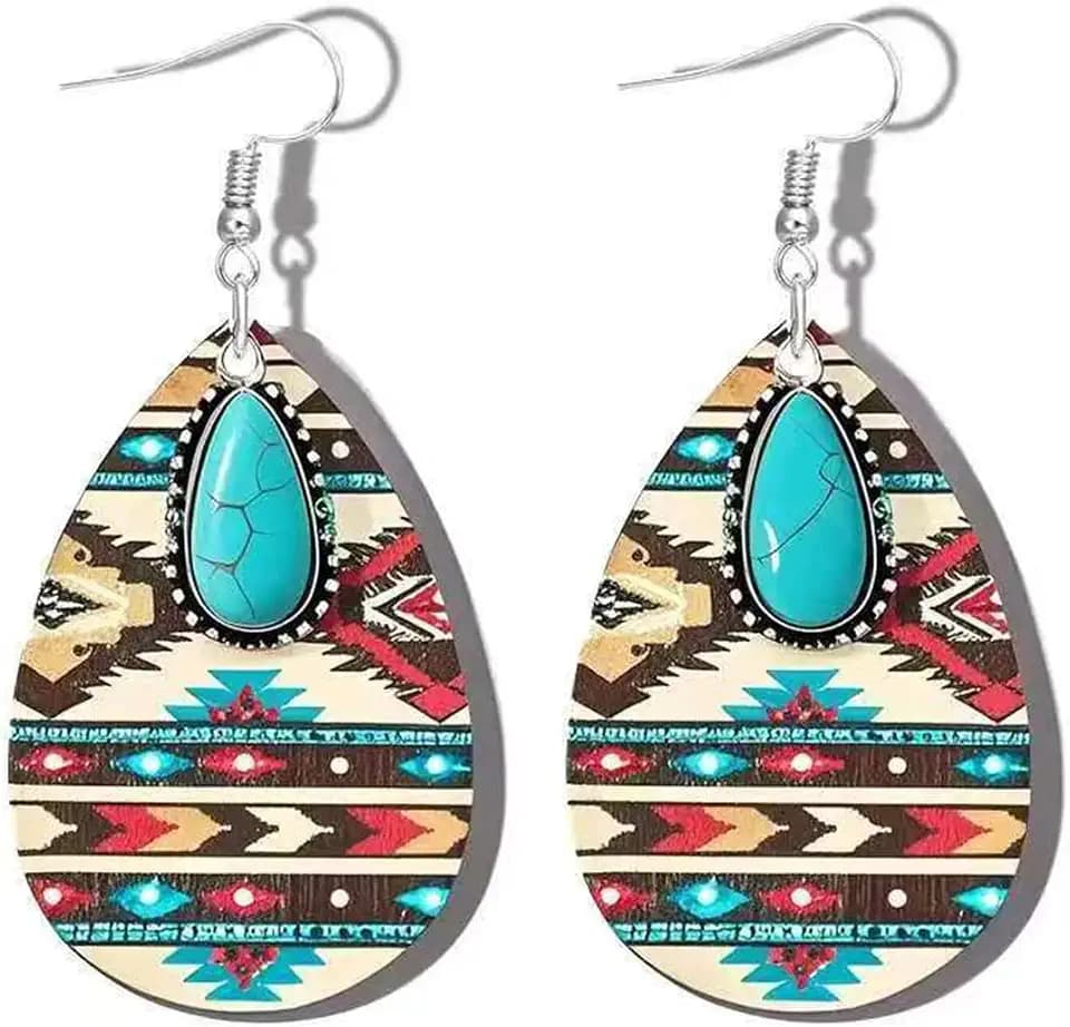 Native American Turquoise Dangle Earrings for Women Bohemia Natural Stone Teardrop Wooden Hook Earring Vintage Western Aztec Earrings Holiday Jewelry
