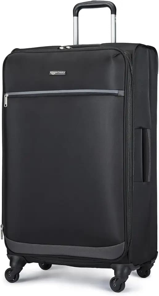 Amazon Basics 28" Large Checked Softside Expandable Suitcase with 360-Degree Multi-directional Spinner Wheels, Expandable Capacity, Zippered Pockets, Telescoping Handle, Black