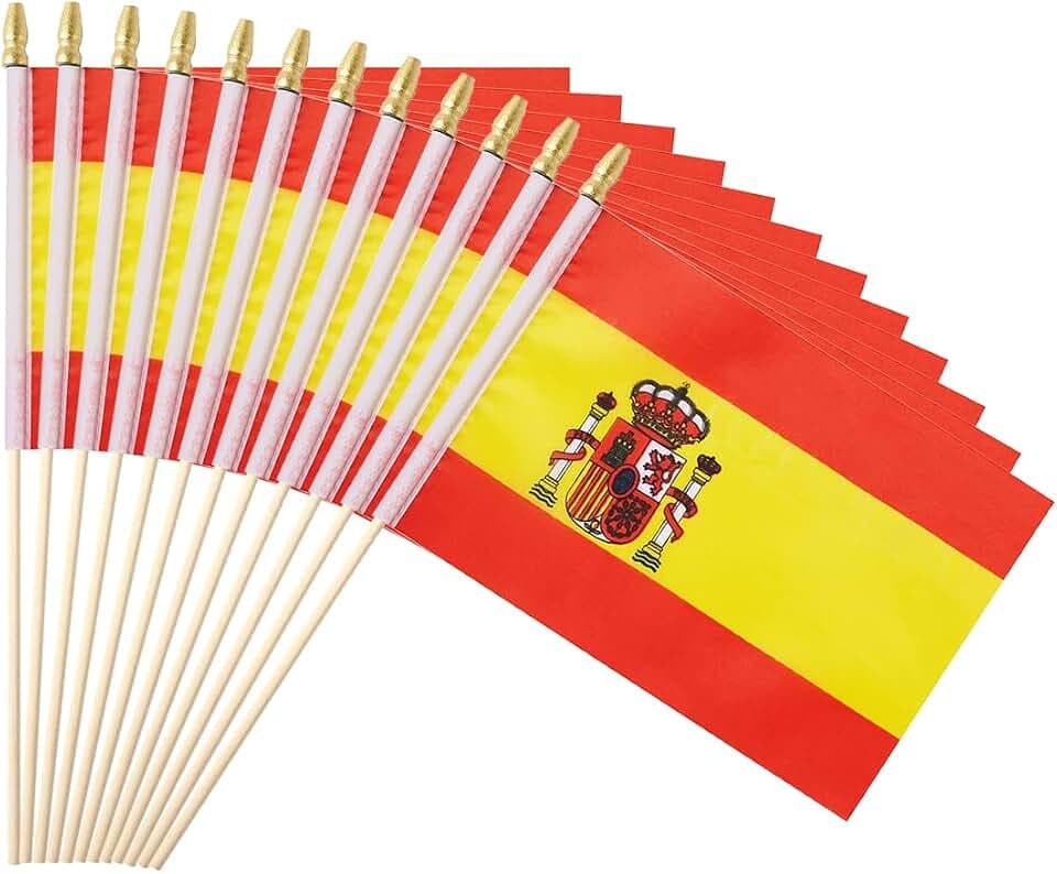 25Pack Small Spain Flag Handheld Mini Spanish Flag on Stick 5x8 Inch