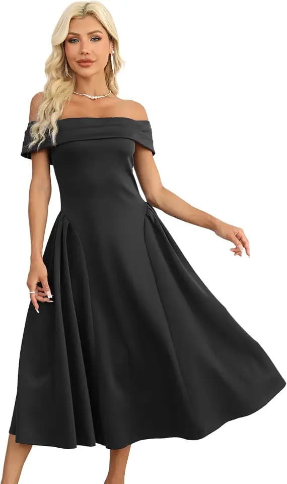 Wellwits Schulterfreies Damen-Midikleid, plissiert, Vintage, Cocktailkleid, formelles Kleid