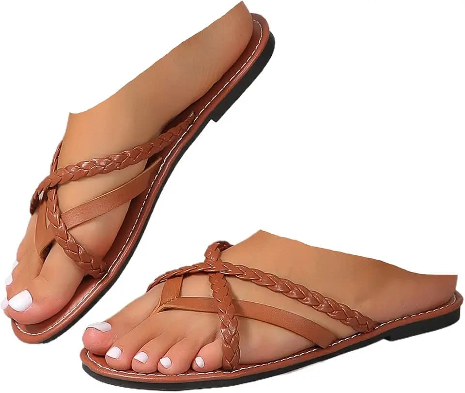 Women's Braided Strappy Flat Sandals Comfort Breathable light Toe Ring Slip On Slippers Summer Casual Vacation Beach Flip Flops Sandals