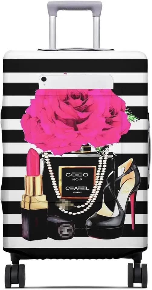 Fashion Accessory Travel Luggage Cover Fashion Girl Perfume and Lipstick and Heels Travel with Pocket Suitcase Cover Anti-scratch Suitcase cover Fits 29-32 Inch