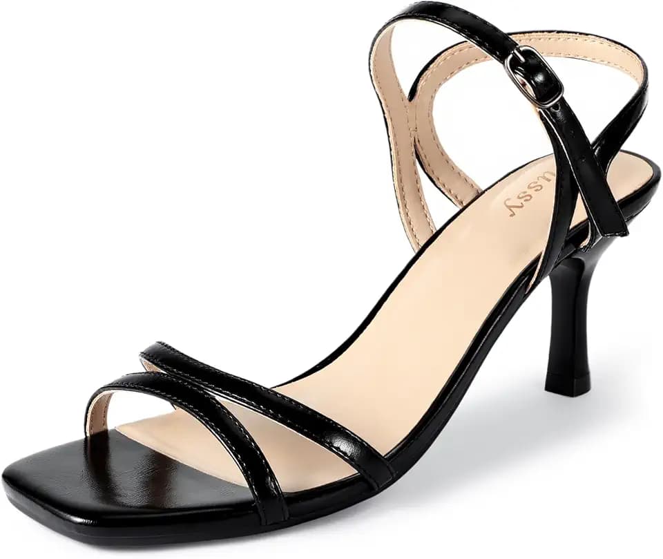 Jussy Kitten Heels for Women Square Open Toe Ankle Strappy Heeled Sandals