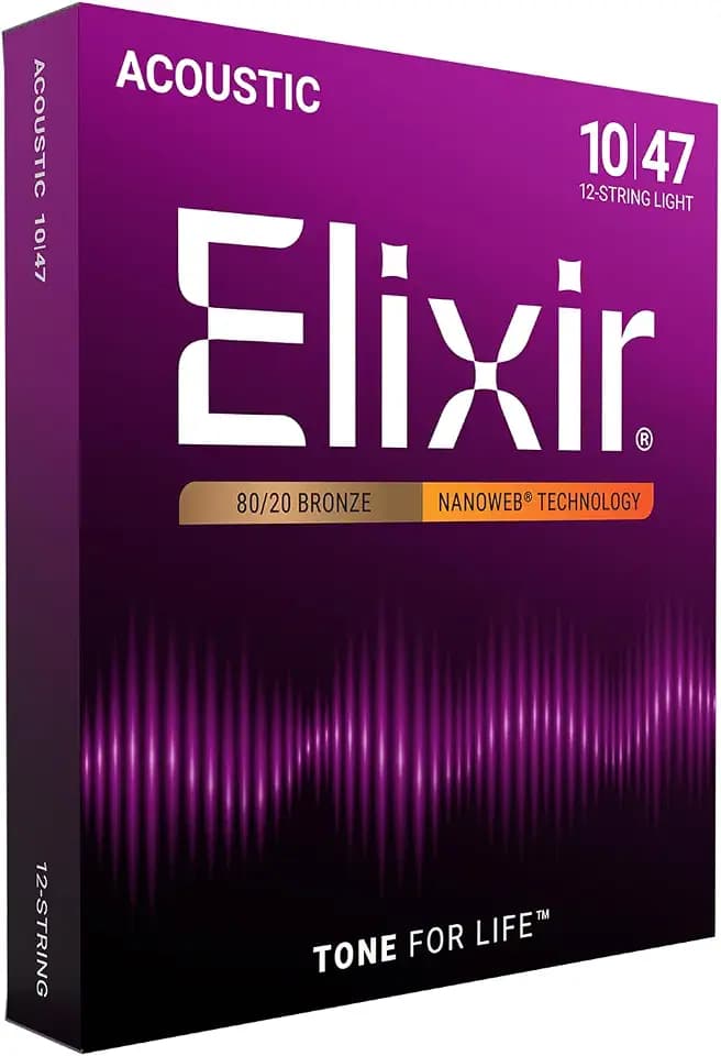 Elixir® Saiten 80/20 Bronze 12-saiter Akustik-Gitarrensaiten mit NANOWEB® Beschichtung, Light (.010-.047)