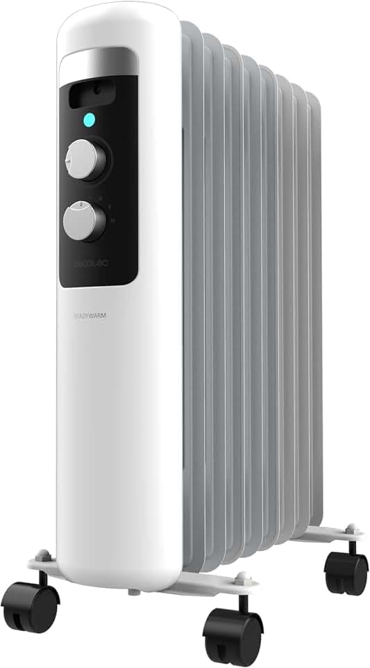Cecotec Elektrischer Ölradiator mit niedrigem Verbrauch – 9 Module – ReadyWarm 950 Space White. 2000 W, 3 Leistungsstufen, Sicherheitssystem und Räder, ideal für 20 m², Weiß