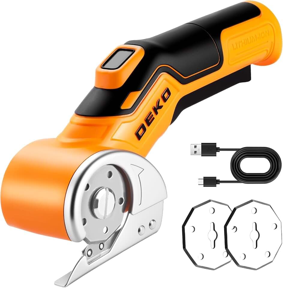 DEKOPRO Kartonschneider Elektrisch, Multifunktionale Akku-Schere, Kabellos mit selbstschärfenden Klingen, 389 g, bürstenloser Motor, USB-C, für Karton, Pappe, Teppich, PVC & Leder