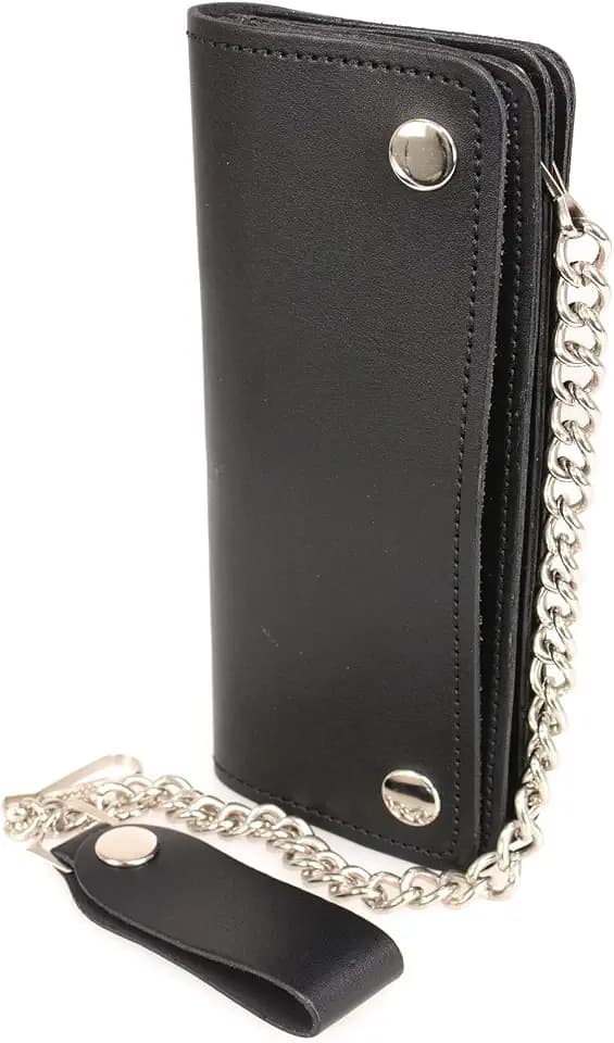 Milwaukee Leather MLW7812 Men's 8” Leather Long Bi-Fold Biker Wallet w/Anti-Theft Stainless Steel Chain - One Size