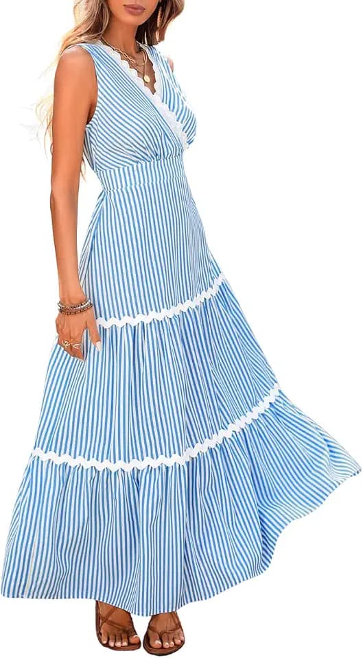 ShawGobow Summer Casual Midi Dress,Striped Sleeveless Tiered Dresses Women
