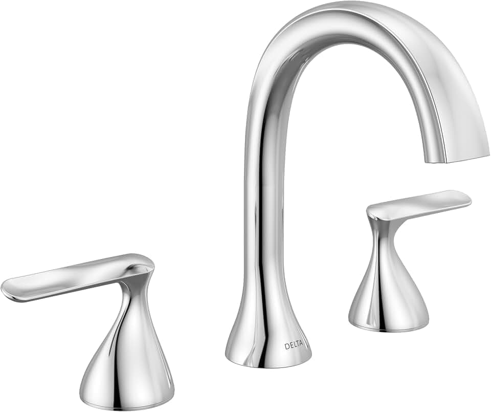 Delta Bonacci Chrome Bathroom Faucet 3 Hole, 8 Inch Widespread Bathroom Sink Faucet for Vanity, Metal Push-Pop Drain Assembly, Lumicoat Chrome 3545-PR-DST