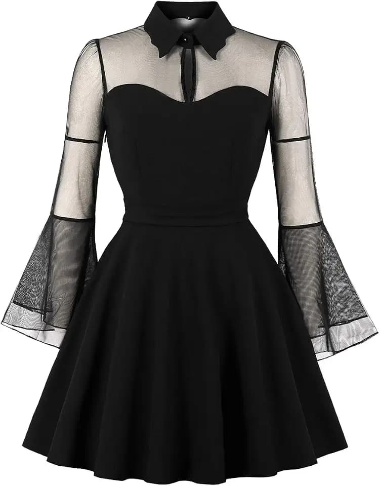 Wellwits Cocktailkleid für Damen mit Keyhole, langen Armen, Netz, knielang, Glockenrock