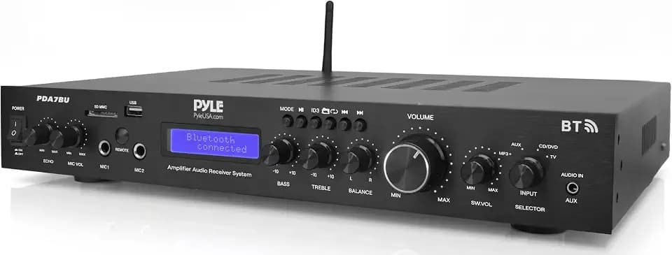 Pyle 5-Channel Bluetooth Home Theater Amplifier – Karaoke Receiver with Dual Mic Inputs & Echo, Subwoofer Out, USB/SD/FM Radio, RCA/AUX/CD-DVD/TV Inputs, Rack Mounts, Remote – PDA7BU.6
