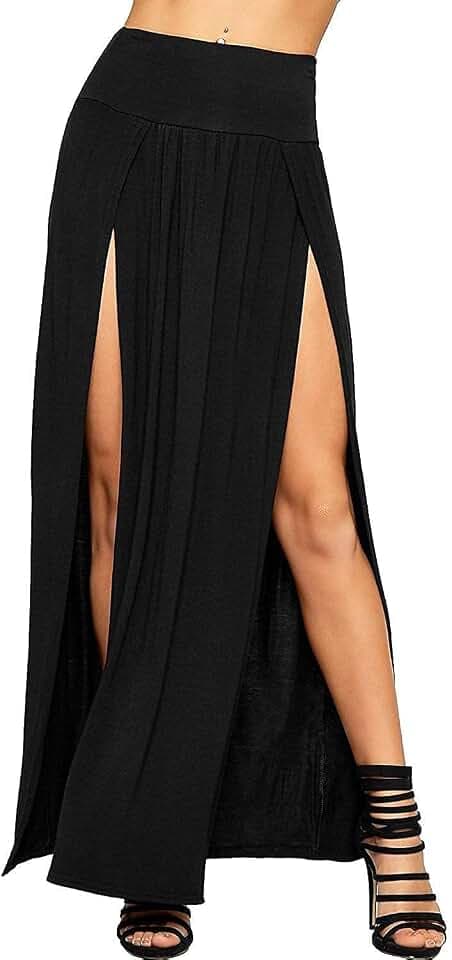 Crazy Girls Damen Maxirock, lang, doppelt geteilt, hohe Taille, Jersey, Stretch, zwei Seitenschlitze, einfarbig