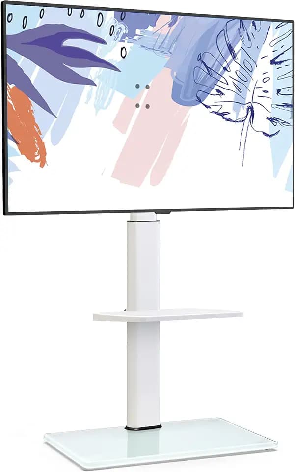 FITUEYES TV Ständer mit Glasboden & Ablage für 32–60 Zoll, Bis 30 KG, Weiß