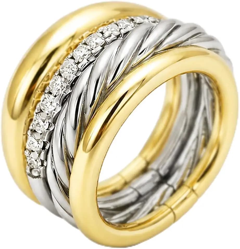 Stackable Rings for Women, Set of 4 Two Tone Gold and Silver Rings, Cubic Zirconia Stacking Ring Set, Fashion Statement Band Rings for Women, Sizes 6 7 8