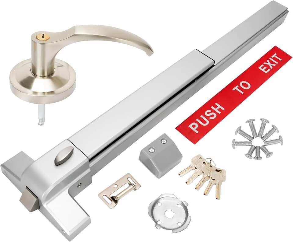 Push Bar Panic Exit Device,Exterior Lever, Painted Aluminum