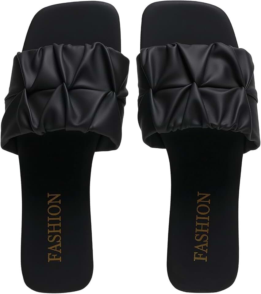 Women's Pleated Square Toe Slide Sandals, Trendy Flat Sandals with Open Toe, Lightweight Summer Shoes for Wedding, Beach & Daily Wear