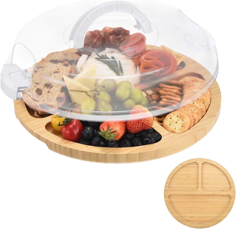 Round Charcuterie Board with Lid and Handle (3 Compartment, White)