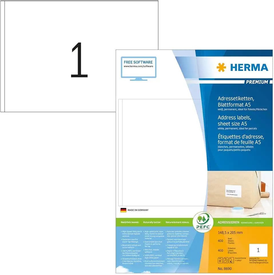HERMA 8690 Universal Etiketten, 400 Blatt, 148,5 x 205 mm, 1 pro A5 Bogen, 400 Stück, selbstklebend, bedruckbar, matt, blanko Papier Klebeetiketten Aufkleber, weiß