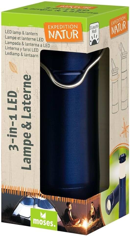 moses. LED-Campinglicht für Kinder Expedition Natur, 2in1 Campinglampe & Taschenlampe, Tragbare Laterne zum Campen, Wandern oder Zelten, Mit Metallbügel Aufhängen Tragen, Spielzeug, 9853, Dunkelblau