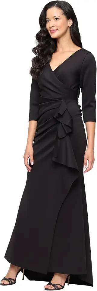 Alex Evenings Women's Stretch Scuba Crepe Dress with Surplice Neckline and Gathered Cascade Detail Skirt, Floor Length