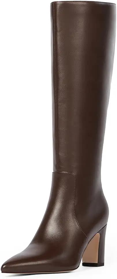 VIUGJNEX Knee High Boots Pointed Toe Chunky Heel Tall Boots for Women