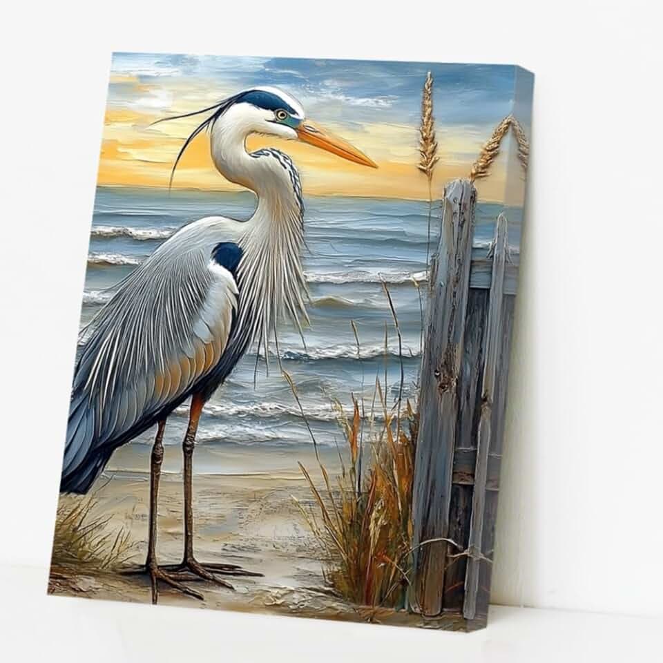 CCWORKERRY Coastal Egret Canvas Wall Art Blue Heron Canvas Pictures Beach Bird Artwork Sea Bird Painting Sea Shore Bathroom Wall Decor (blue,16W x 20L)