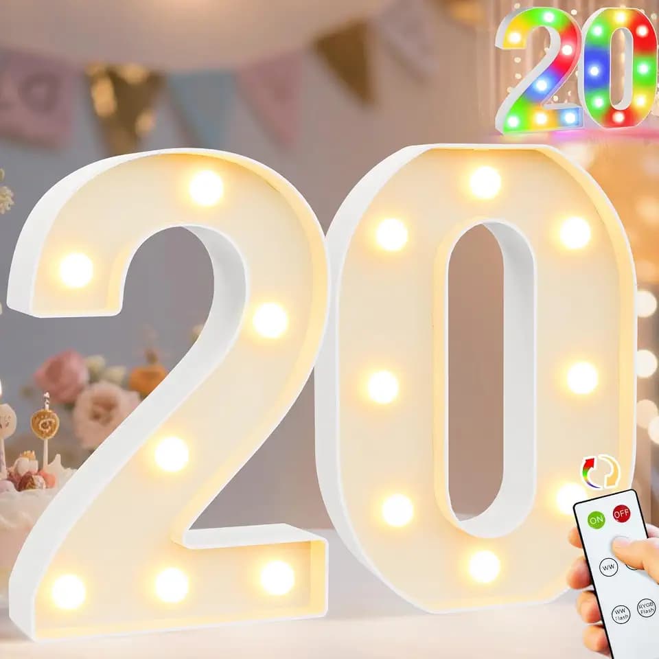 Pooqla 20th Birthday Decoration for Her Him, Decorative LED Light Up Numbers, Marquee Numbers 20 Sign for Party Backdrop 20th Wedding Anniversary Decor Gift, Warm White and Colorful Number 20