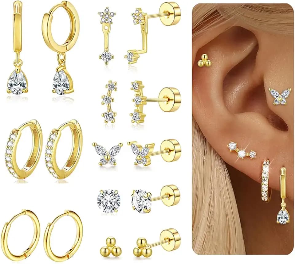 Hypoallergenic Flat Back Earrings for Cartilage Earring Set for Multiple Piercing Sterling Silver Huggie Hoop Earrings for Women 14K Gold Small FlatBack Stud Trendy Earring Stacks