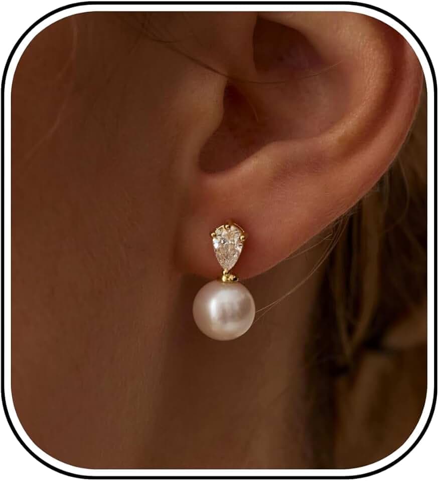 Pearl Earrings for Women,Dainty 14k Gold Plated Pearl Drop Earring Gold Bridal Dangle Earring Small Cute Stud Earring Wedding Dangle Earrings for Women Trendy Pearls Jewelry Bridesmaid Gifts Stuff