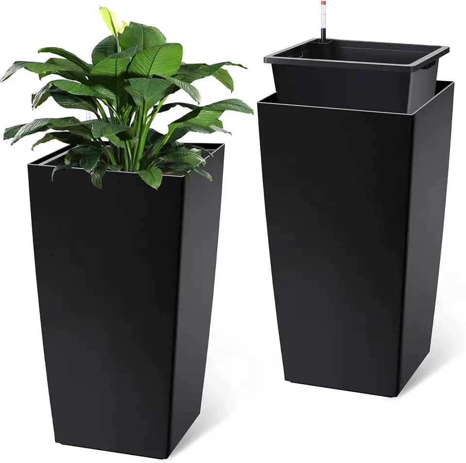 Garvee 30" Tall Planters Set of 2, Outdoor & Indoor Black Planter Pots, High Front Porch Planter Pots with Drainage Holes & Water Level Monitor & Inner Bucket, Black