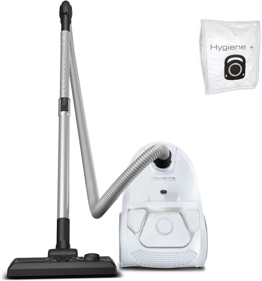 Rowenta Compact Power Staubsauger mit Beutel, niedriger Energieverbrauch, 900 Watt, 3 Liter XL-Staubbeutel, langes Kabel, optimal zum Staubsaugen großflächiger Wohnbereiche, Weiß, RO3927EA
