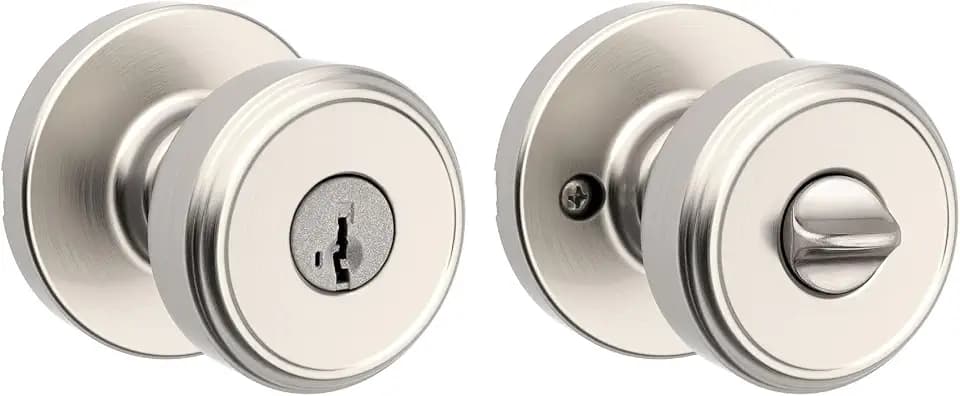 Kwikset Maven Front Door Knob with Lock and Key, SmartKey, Satin Nickel